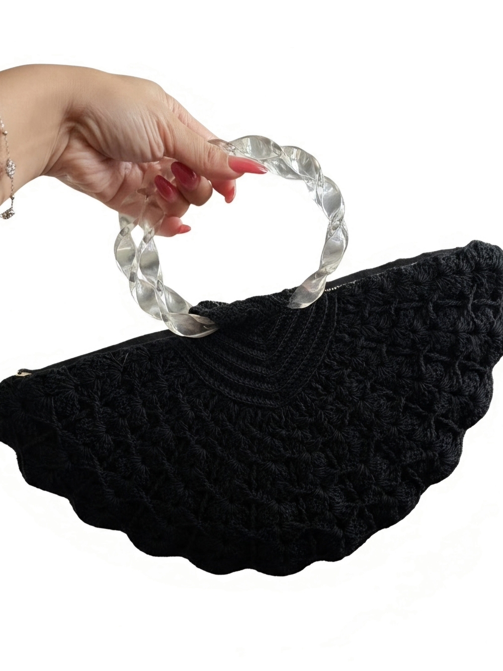 Handcrafted Black Crochet Clutch with Clear Twisted Handle
